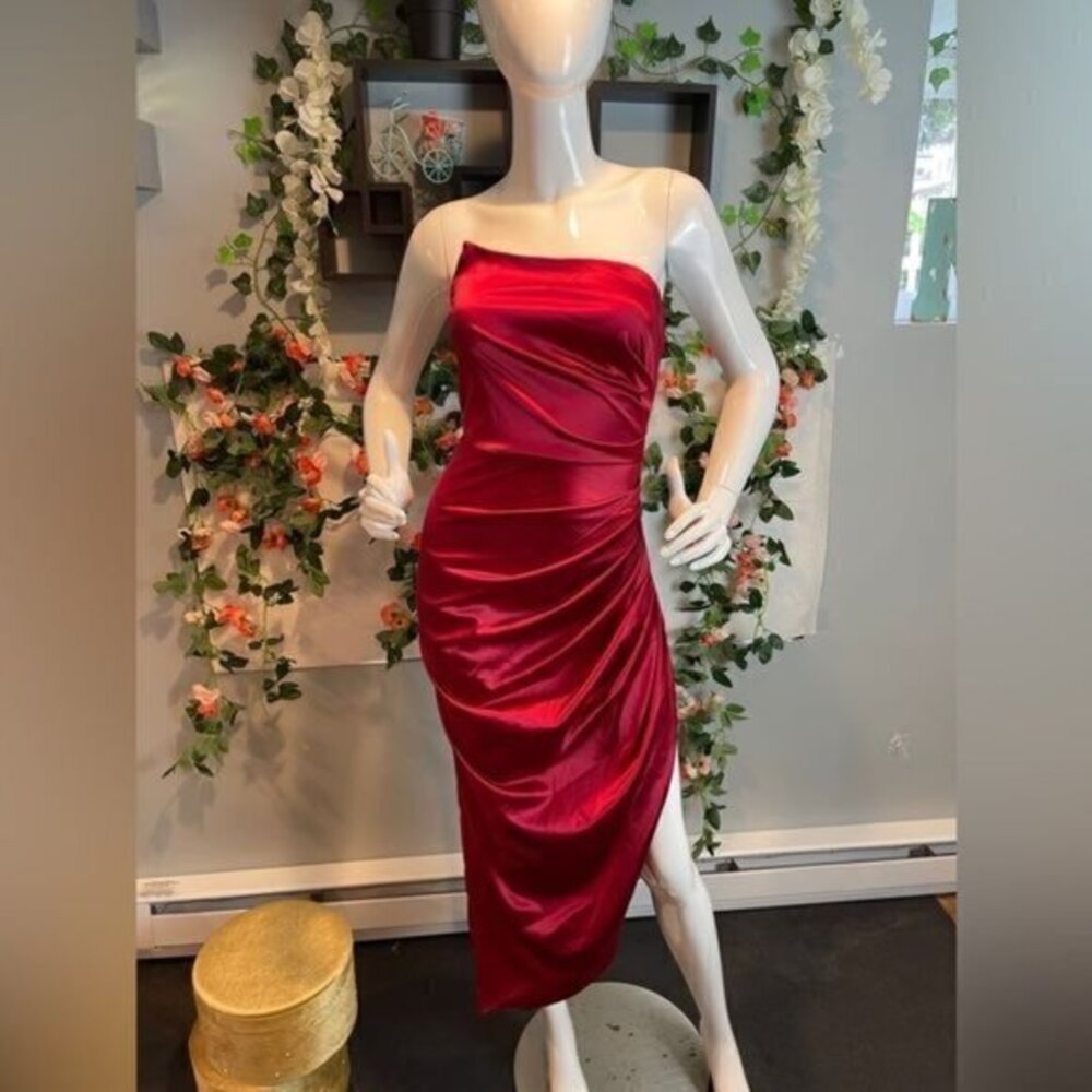 Strapless Asymmetrical Corset Satin Evening Dress‎ One shoulder Red M RfI036-2